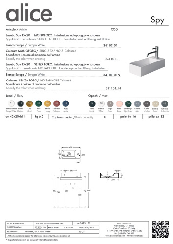 Раковина керамическая Alice Spy 34110101 45х20 подвесная цвет белый глянцевый - фото 4
