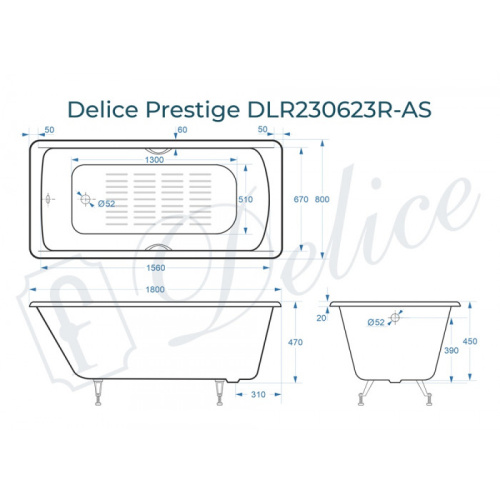 Ванна чугунная Delice Prestige DLR230623R-AS 180х80 пристенная прямоугольная без ножек с отверстиями под ручки - фото 2