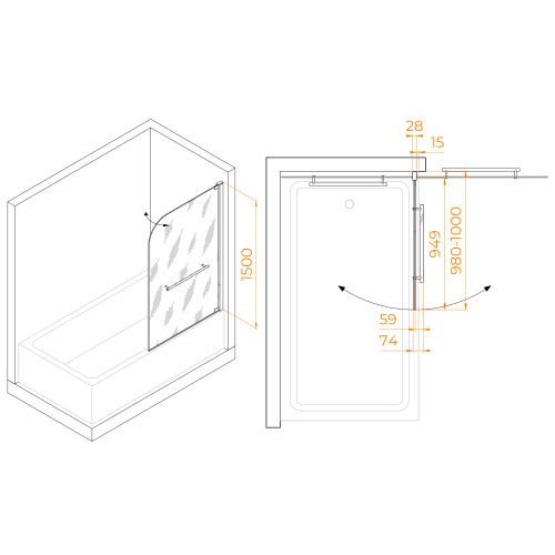 Душевая шторка на ванну RGW Screens 03110210-11 100х150 стекло прозрачное профиль хром глянцевый ориентация универсальная - фото 2