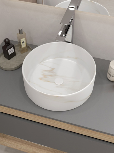 Раковина из сантехнического фарфора Teymi Lina T50182 36х36 накладная цвет белый мрамор без отверстий под смеситель - фото 5