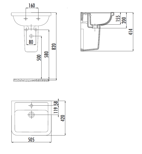 Раковина из сантехнического фарфора Creavit Key KY050-00CB00E-0000 51х42 подвесная цвет белый 1 отверстие под смеситель - фото 2
