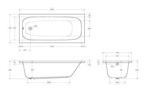 Ванна акриловая Cezares ECO ECO-160-70-41-W37 160х70 пристенная прямоугольная без каркаса - фото 3