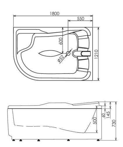 Ванна акриловая гидромассажная Gemy G9083 K R 180х121 пристенная асимметричная с каркасом - фото 5