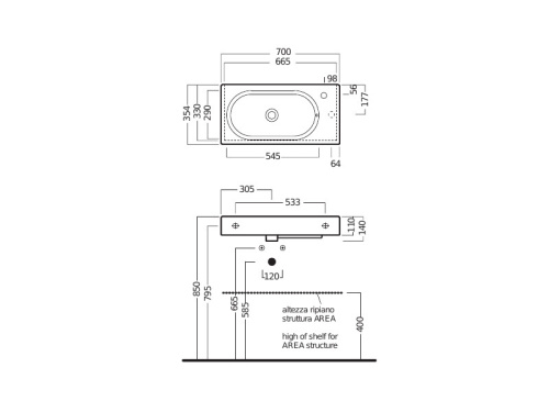 Раковина из санфаянса Hatria AREA Y0W901 70х35 подвесная цвет белый без отверстий под смеситель - фото 3
