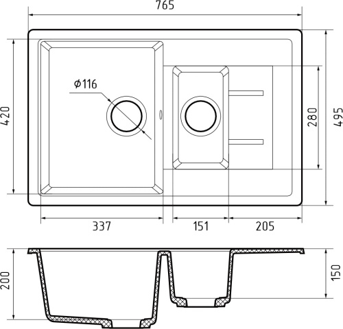 Кухонная мойка Granfest Quadro Q-775KL топаз 77х50 цвет серый поверхность матовая - фото 3