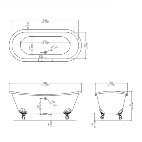 Ванна чугунная Devon Devon Admiral 2MRADMIRALCRDD 182х81 отдельностоящая овальная с ножками - фото 2