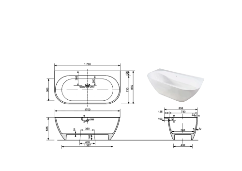 Ванна из литьевго мрамора Taliente Nemi a parete Matt NE17085Matt a parete 170х86 пристенная овальная без каркаса - фото 5