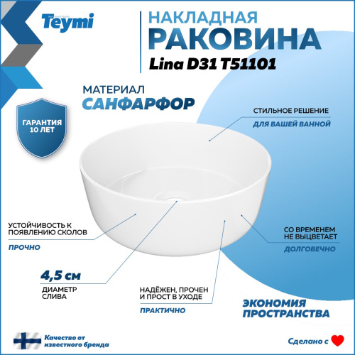 Раковина из сантехнического фарфора Teymi Lina T51101 31х31 накладная цвет белый без отверстий под смеситель - фото 2