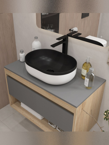 Раковина из сантехнического фарфора Teymi Solli T50388 49х35 накладная цвет черный/белый без отверстий под смеситель - фото 4