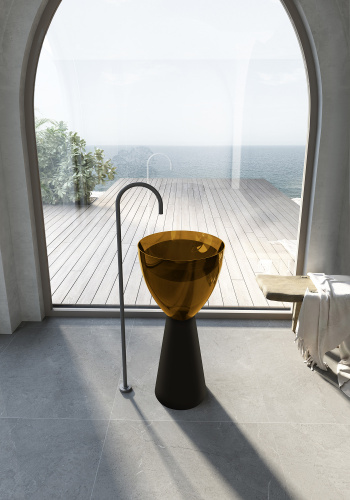 Раковина из полиэфирной смолы Abber KRISTALL AT2703Black-Vesuvian 45х45 напольная цвет черный/оливковый без отверстий под смеситель - фото 2