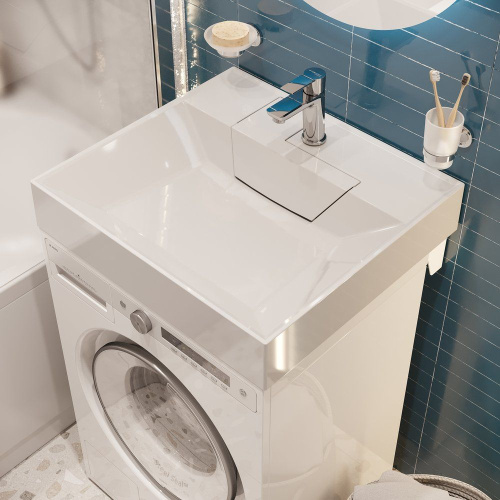 Раковина из литьевого мрамора Stworki Дублин RSD550 60х55 над стиральной машиной цвет белый 1 отверстие под смеситель - фото 2