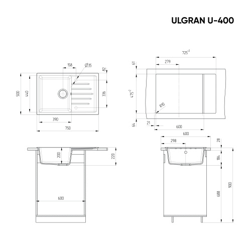 Кухонная мойка Ulgran Classic U-400-308 75х50 цвет черный - фото 2