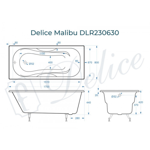 Ванна чугунная Delice Malibu DLR230630 170х80 пристенная прямоугольная без ножек - фото 2