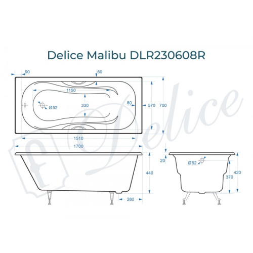 Ванна чугунная Delice Malibu DLR230608R 170х70 пристенная прямоугольная без ножек с отверстиями под ручки - фото 2