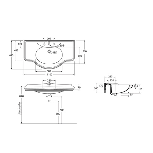 Раковина из санфаянса Azzurra Jubilaeum JULP1106200MBI (JUB200/110 bi))*1 112х62 подвесная цвет белый 1 отверстие под смеситель - фото 2