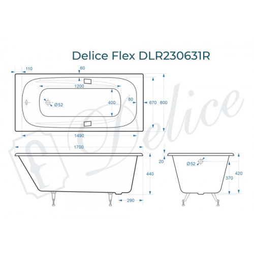 Ванна чугунная Delice Flex DLR230631R 170х80 пристенная прямоугольная без ножек с отверстиями под ручки - фото 2