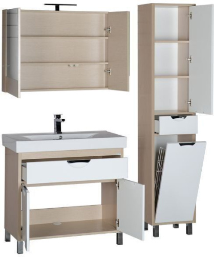 Комплект мебели: тумба с раковиной 92x48x87 + зеркало-шкаф Aquanet Гретта 00172721 напольный цвет белый/светлое дерево - фото 2