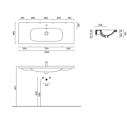 Раковина керамическая Catalano Alvea 120 см 621210001 подвесная цвет белый без отверстий под смеситель - фото 2