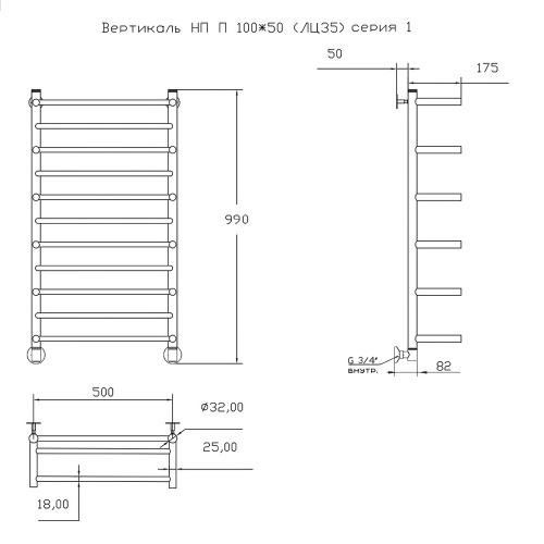 Полотенцесушитель Тругор Вертикаль Вертикаль/нп10050П 53х100 водяной хром - фото 2