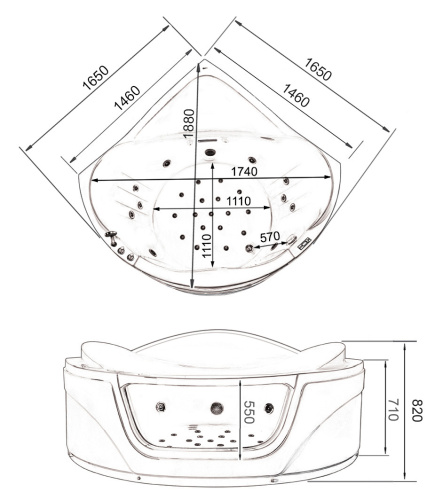 Ванна акриловая гидромассажная Gemy G9247 K 165х165 угловая четверть круга с каркасом - фото 5