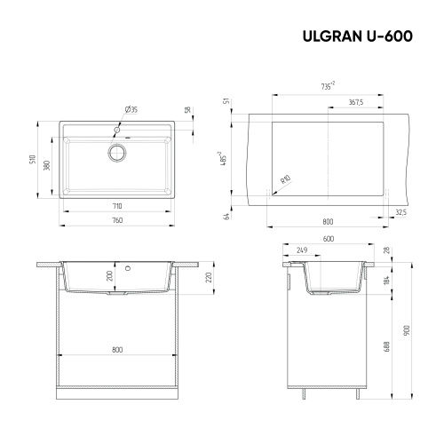 Кухонная мойка Ulgran Classic U-600-310 76х51 цвет серый - фото 2