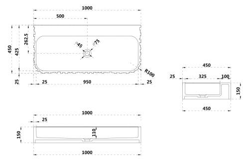 Раковина из искусственного камня Abber STEIN AS2652-1.0 100х45 подвесная цвет белый матовый без отверстий под смеситель - фото 4