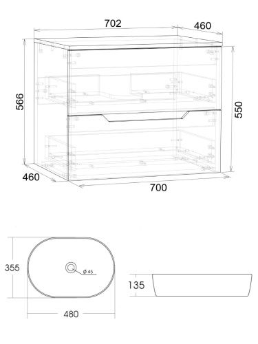 Тумба с раковиной Orange Line Li-70TugMDF+B05-480W 70х46х70 подвесная цвет графит матовый - фото 5