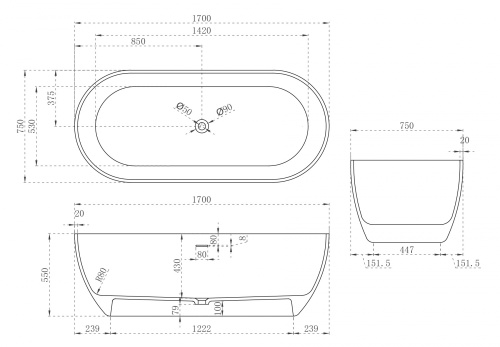 Ванна из искусственного камня Abber Stein AS9613-1.7 170х75 отдельностоящая овальная с ножками - фото 5