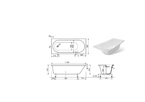 Ванна из литьевго мрамора Taliente Orta OR17070 170х70 пристенная прямоугольная без каркаса - фото 4