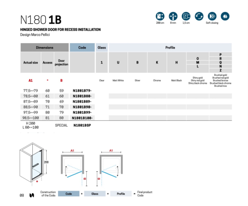 Душевая дверь Novellini N180 N1801B90-1Z 90х200 стекло прозрачное профиль хром матовый - фото 3