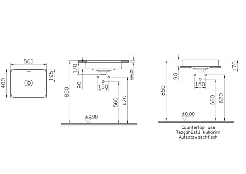Раковина из сантехнического фарфора Vitra Metropole 7534B003-0673 50х40 накладная цвет белый без отверстий под смеситель - фото 2