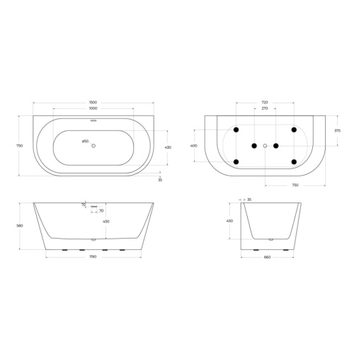 Ванна акриловая BelBagno BB710-1500-750 150х75 пристенная овальная с ножками - фото 3