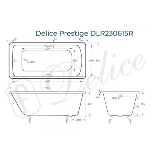 Ванна чугунная Delice Prestige DLR230615R 170х80 пристенная прямоугольная без ножек с отверстиями под ручки - фото 2