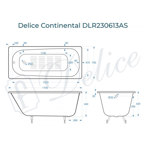 Ванна чугунная Delice Continental DLR230613-AS 170х70 пристенная прямоугольная без ножек с антискользящим покрытием - фото 2