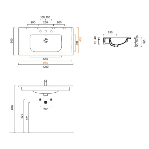 Раковина керамическая Catalano Italy 100 см 721011001 подвесная цвет белый 1 отверстие под смеситель - фото 2