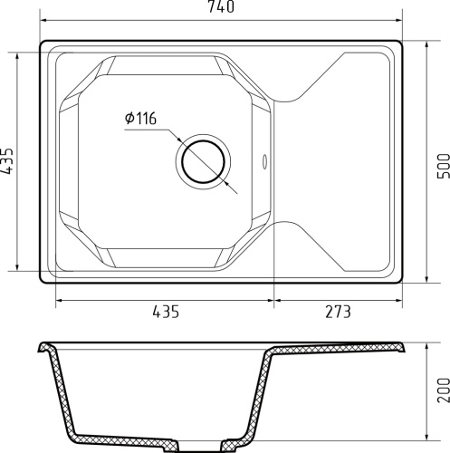 Кухонная мойка Granfest Unique U-740L топаз 74х50 цвет серый поверхность матовая - фото 3