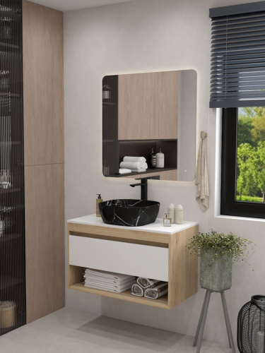 Раковина из сантехнического фарфора Teymi Solli T50383 41х41 накладная цвет черный мрамор без отверстий под смеситель - фото 3