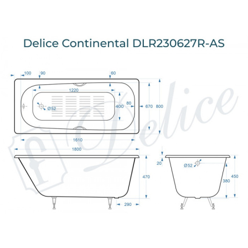 Ванна чугунная Delice Continental DLR230627R-AS 180х80 пристенная прямоугольная без ножек с отверстиями под ручки - фото 2
