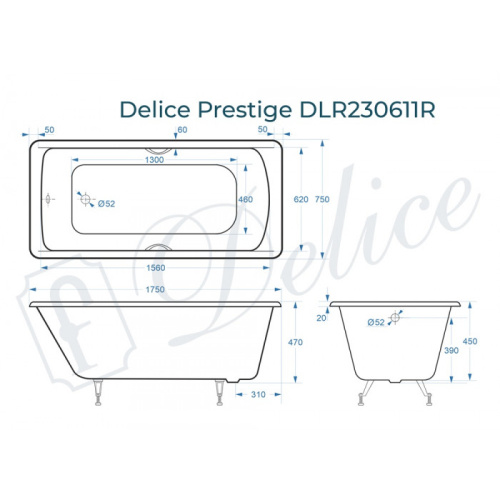 Ванна чугунная Delice Prestige DLR230611R 175х75 пристенная прямоугольная без ножек с отверстиями под ручки - фото 2