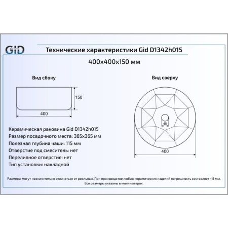 Раковина керамическая Gid 53331 40х40 накладная цвет золото без отверстий под смеситель
