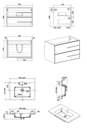 Тумба с раковиной Parly Bella Bella100 99х47х50 подвесная - фото 5