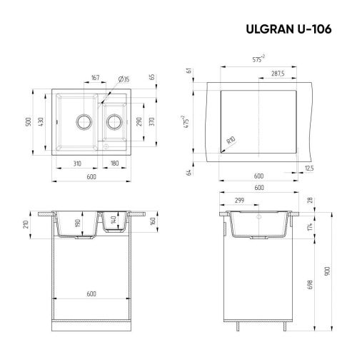 Кухонная мойка Ulgran Classic U-106-308 60х50 цвет черный - фото 2