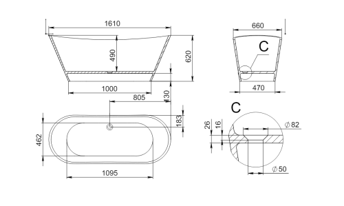 Ванна из искусственного камня Holbi AFINA 2.01.004.44.4 161х66 отдельностоящая овальная - фото 2