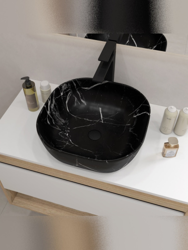 Раковина из сантехнического фарфора Teymi Solli T50383 41х41 накладная цвет черный мрамор без отверстий под смеситель - фото 5