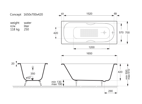 Ванна чугунная Vinsent Veron Concept VCO1657042H/VH0015BR-AS 165х70 пристенная прямоугольная с ножками с ручками - фото 4