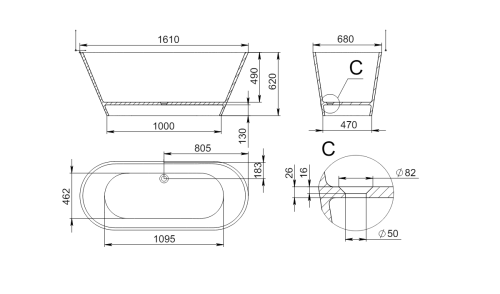 Ванна из искусственного камня Holbi SELENA 1.01.006.11.1 161х68 отдельностоящая овальная - фото 3