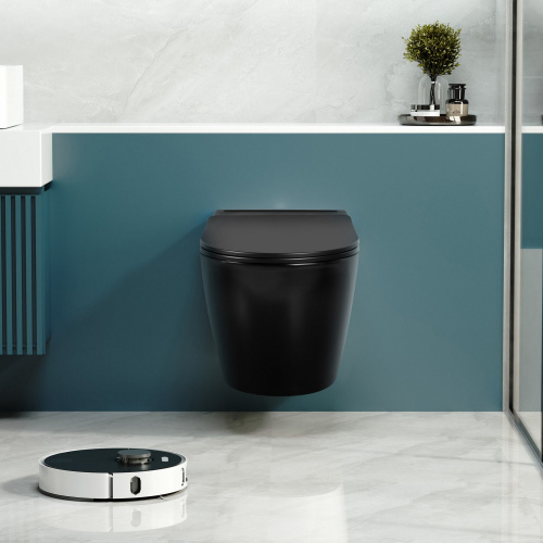 Унитаз подвесной Abber Bequem AC1108PMB черный матовый с сиденьем микролифт безободковый импульсный смыв - фото 5