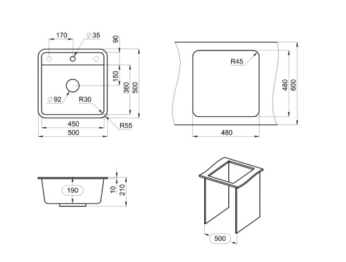 Кухонная мойка Granula Стандарт 5001, ЧЁРНЫЙ 50х50 цвет черный поверхность матовая - фото 2