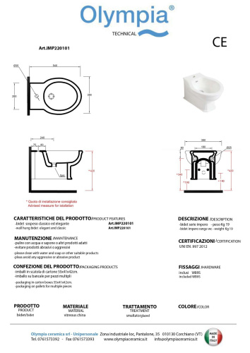 Биде Olympia Impero Style IMP220101 подвесное - фото 2
