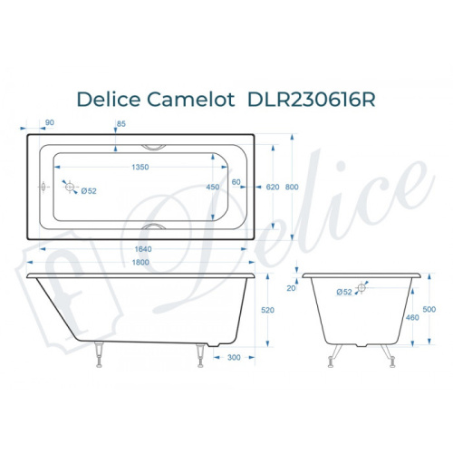 Ванна чугунная Delice Camelot DLR230616R 180х80 пристенная прямоугольная без ножек с отверстиями под ручки - фото 2